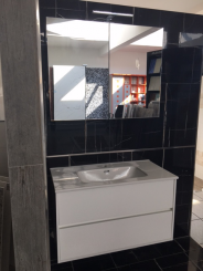 (0) Mobiltesino italienisches Badinterieur Ceramica Bianco 90cm - Waschtisch + Unterschrank + Spiegelschrank mit LED Beleuchtung 