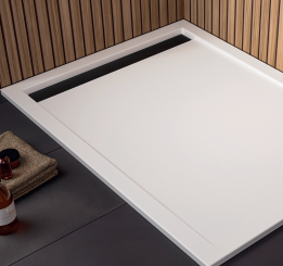 HSK Acryl-Duschwanne mit integrierter Ablaufrinne schmal, super-flach, weiß, Quadrat 90 x 90cm | Rinnenabdeckung schwarz matt